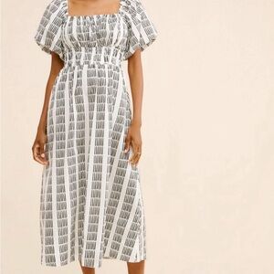 Anthropologie Maeve Puff-Sleeve Square-Neck Midi Dress, Color: Neutral Size: S